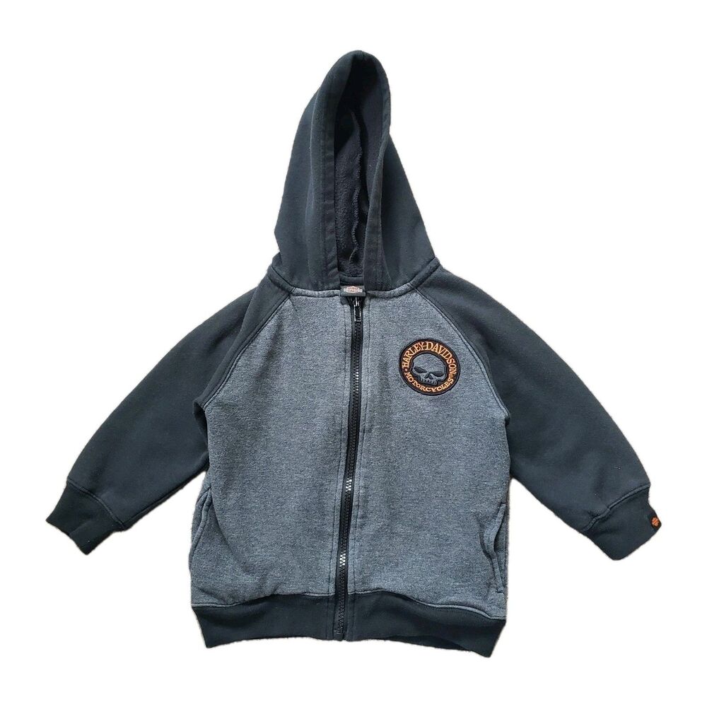 VTG Y2K Harley Davidson Motorcycles Boys 3T Toddler Skull Full Zip Black Hoodie